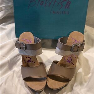 Blowfish Taupe Two-Strap Buckle Slide Heels